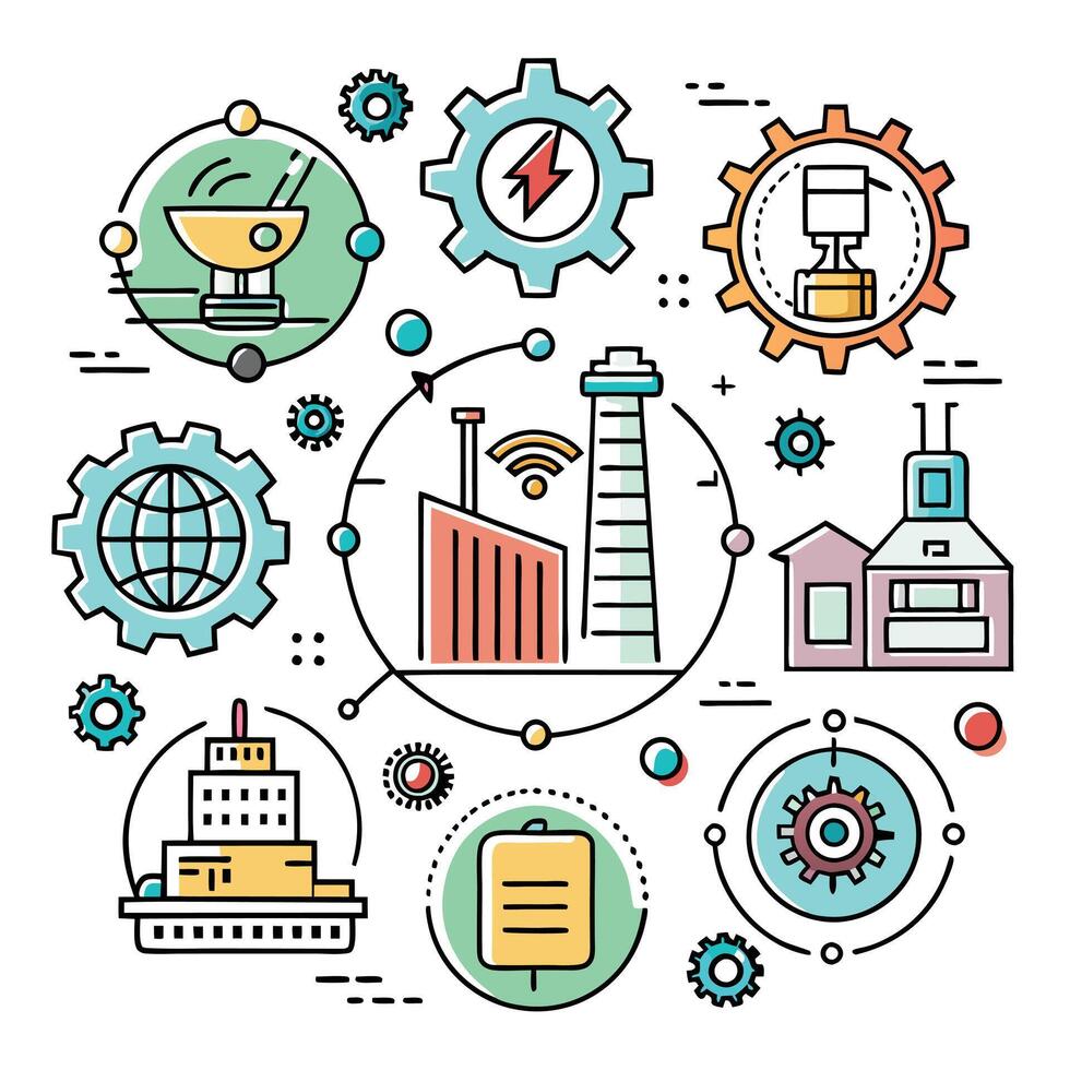 industrial machinery and equipment icons in a li white background ne style vector