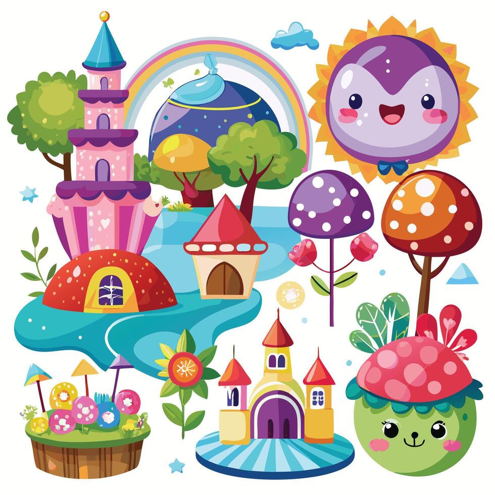 cartoon fairyland set with castle, trees, flowers and other objects vector