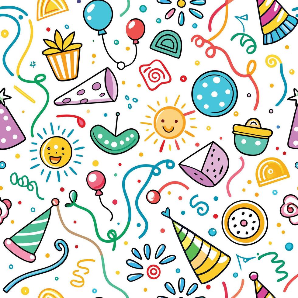 seamless pattern white background with birthday party items vector