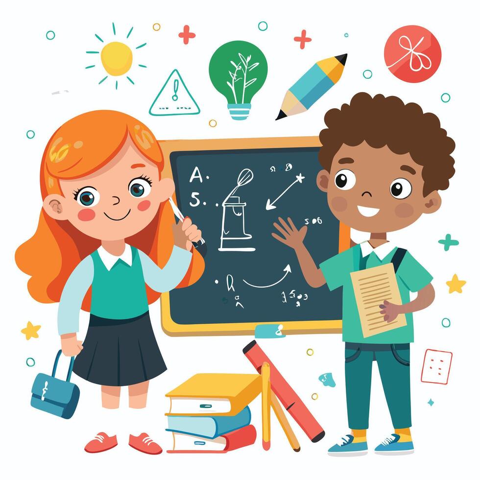 school kids with chalkboard and school supplies vector