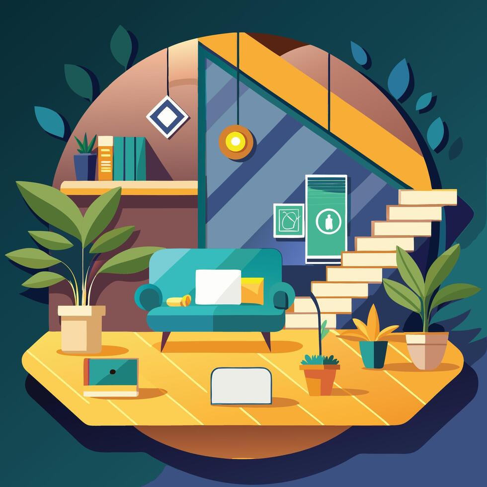 an illustration of a living room with a couch, plants and a laptop vector