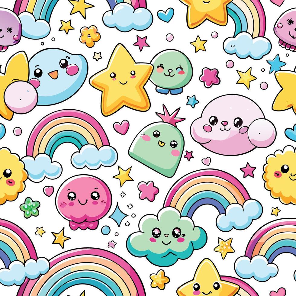 seamless pattern with cute cartoon characters and clouds vector