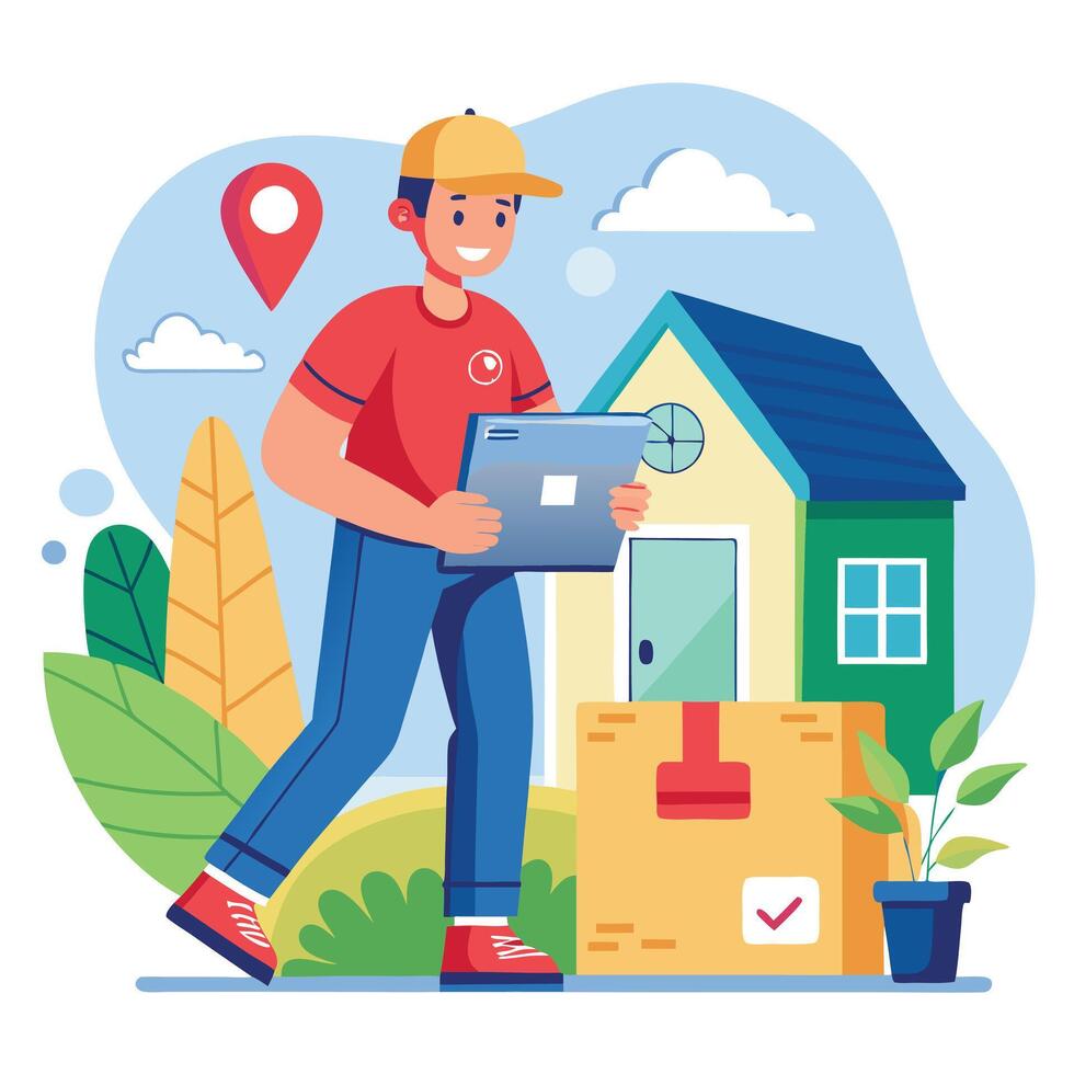 delivery man with laptop and box holding a package vector