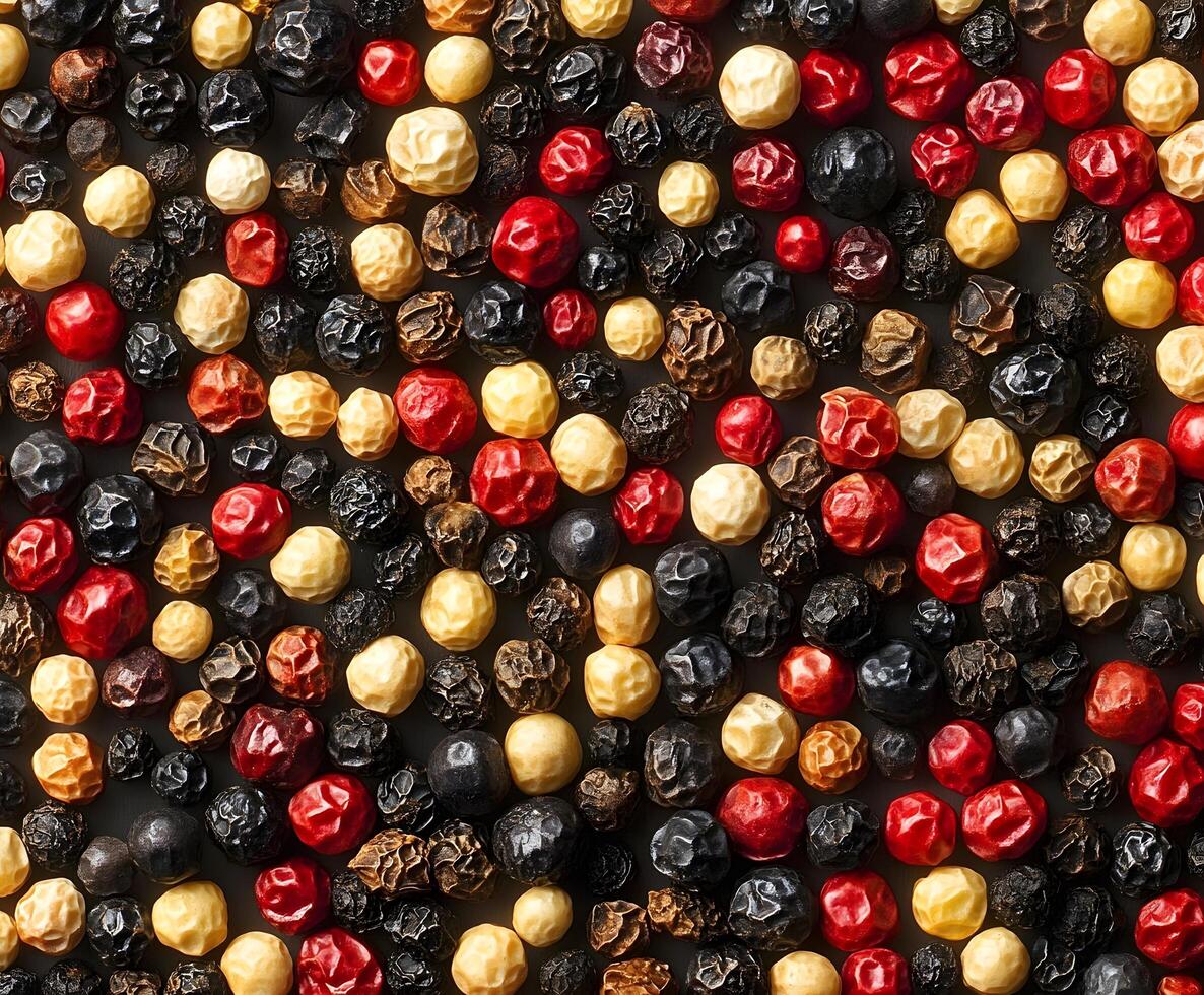 A close up of a variety of black, red, yellow and white peppers photo