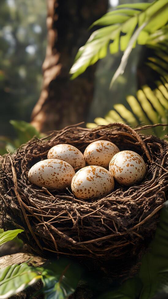 Four eggs in a nest with leaves on a tree photo