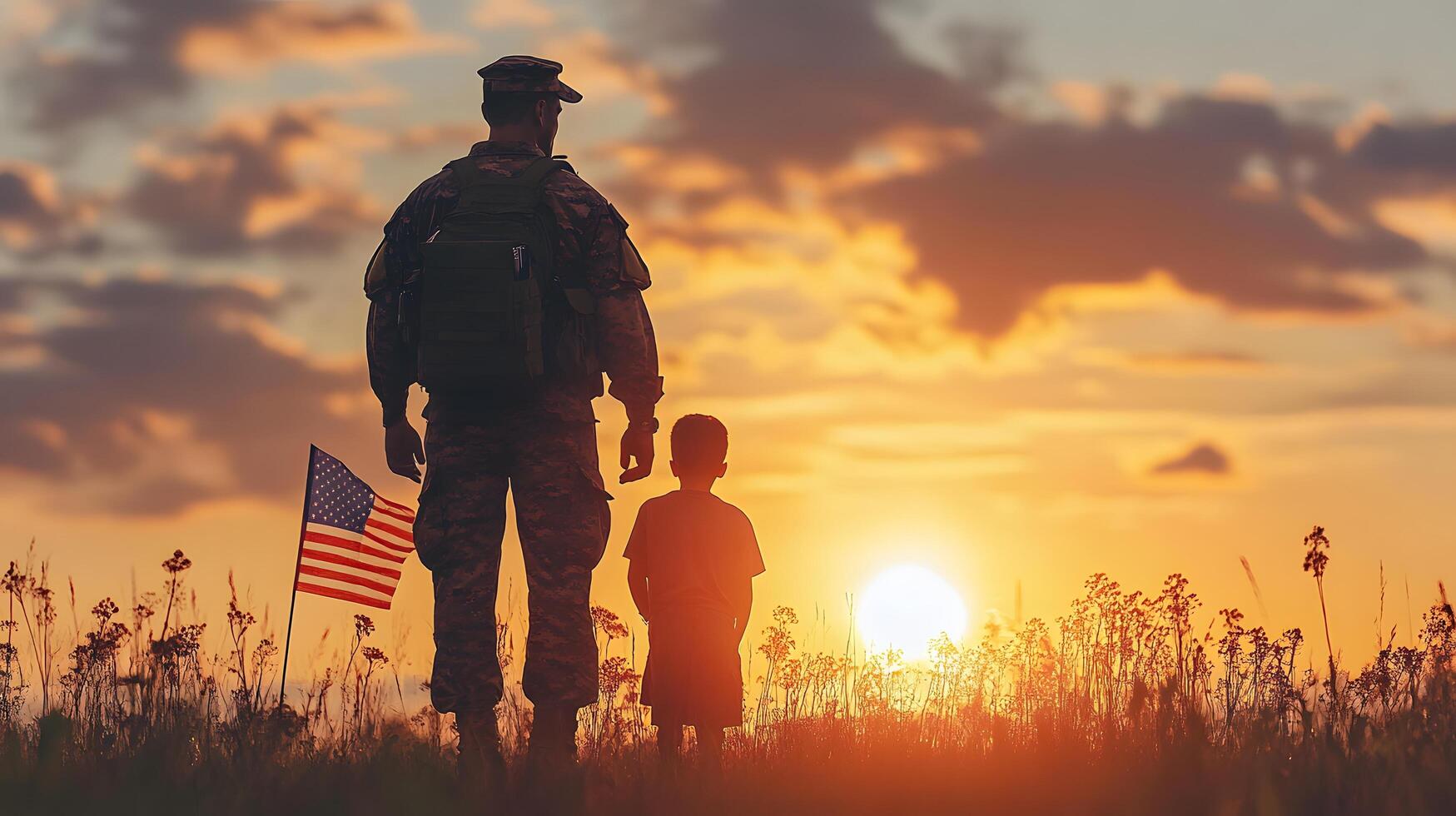 A soldier and his son in the field at sunset photo