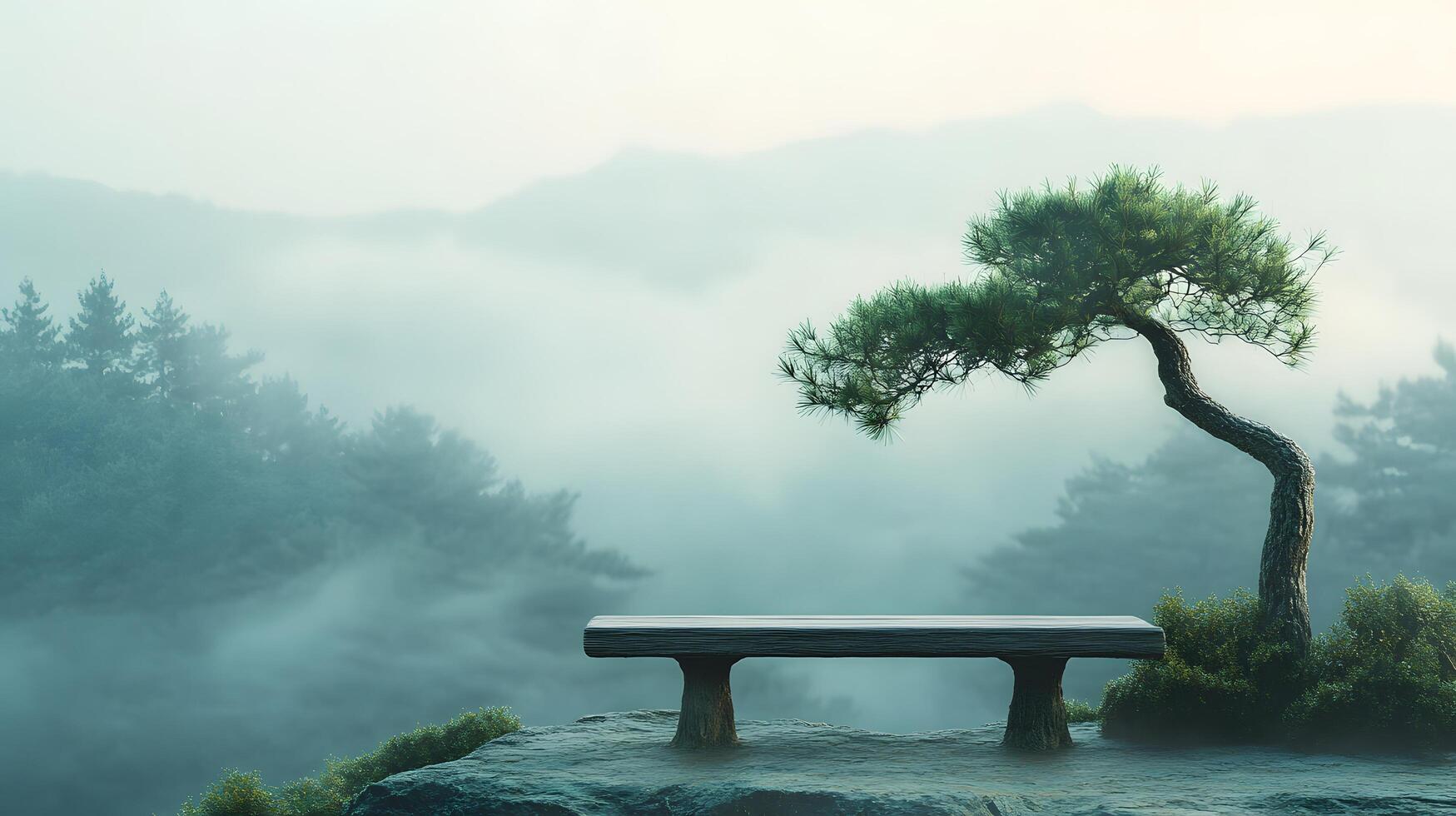 A bench sitting on a rock overlooking a tree photo