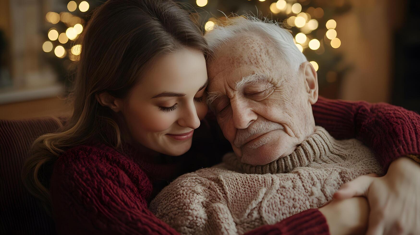 A woman hugging an elderly man in front of a christmas tree photo
