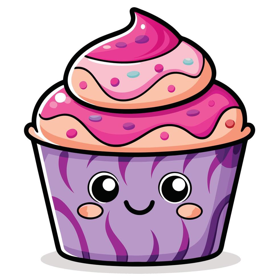 a cartoon cupcake with a purple and pink frosting vector