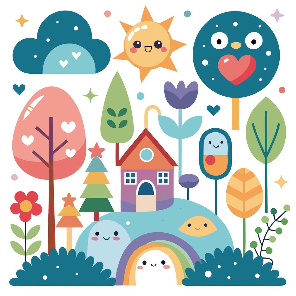 cute cartoon house, trees, sun, clouds, birds and other objects vector