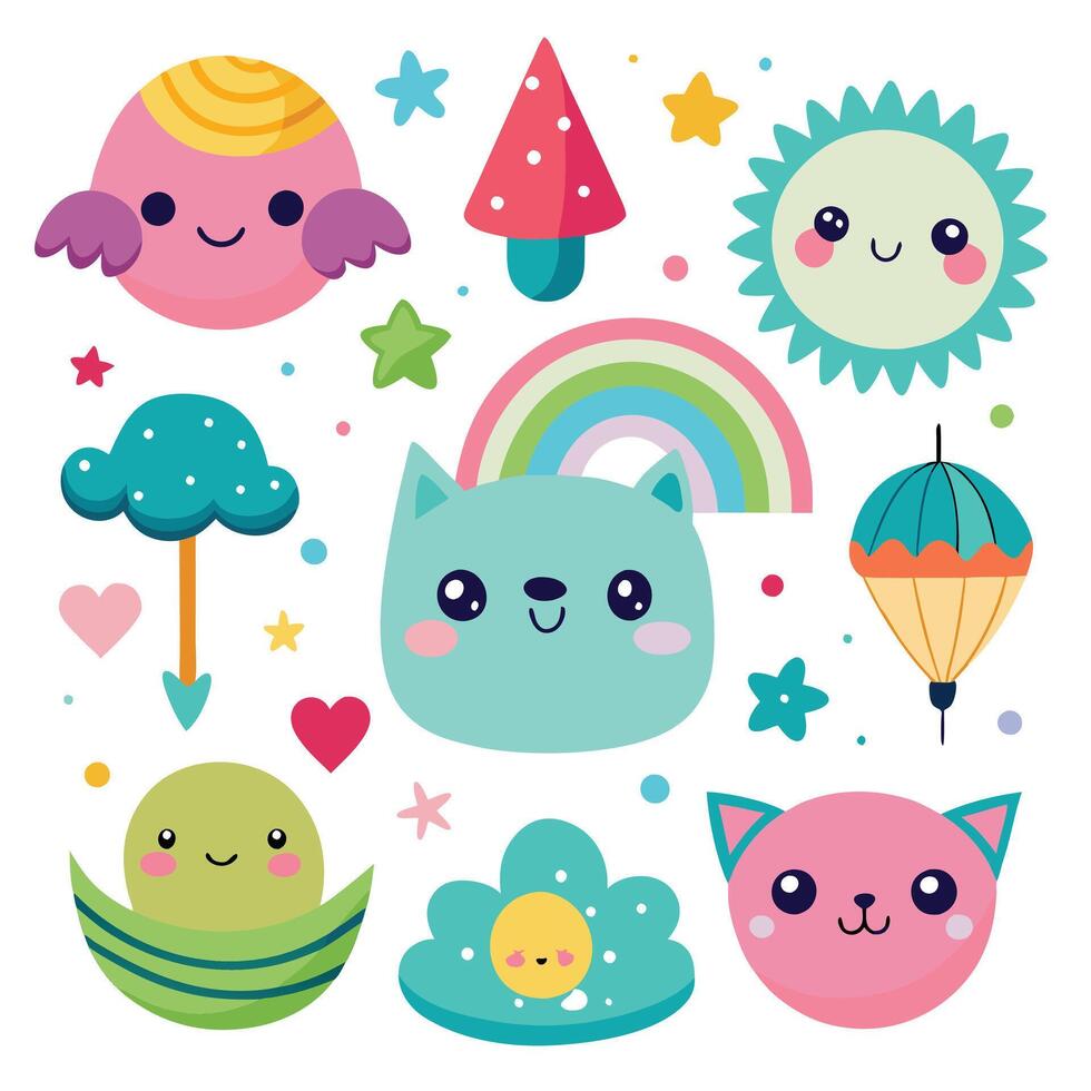 cute cartoon animals and objects set vector