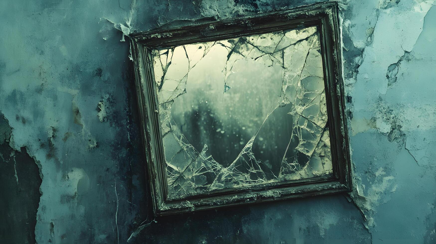 A broken mirror is hanging on the wall of a room photo