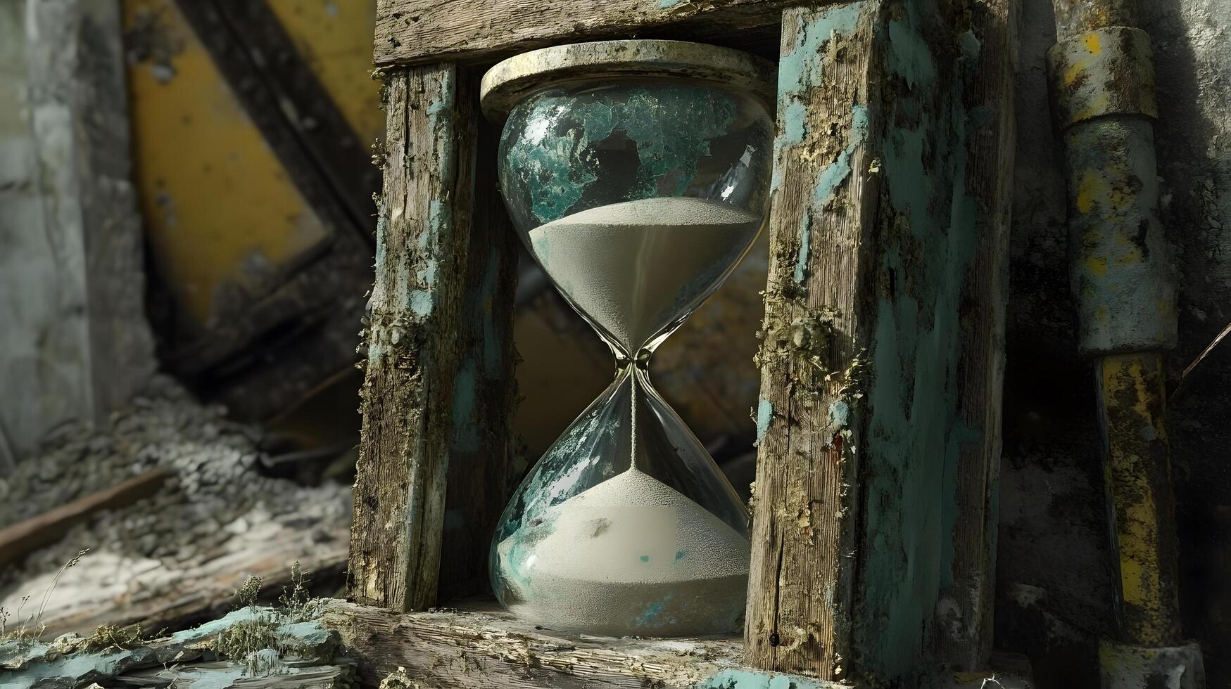 A sand timer is sitting in a wooden frame photo