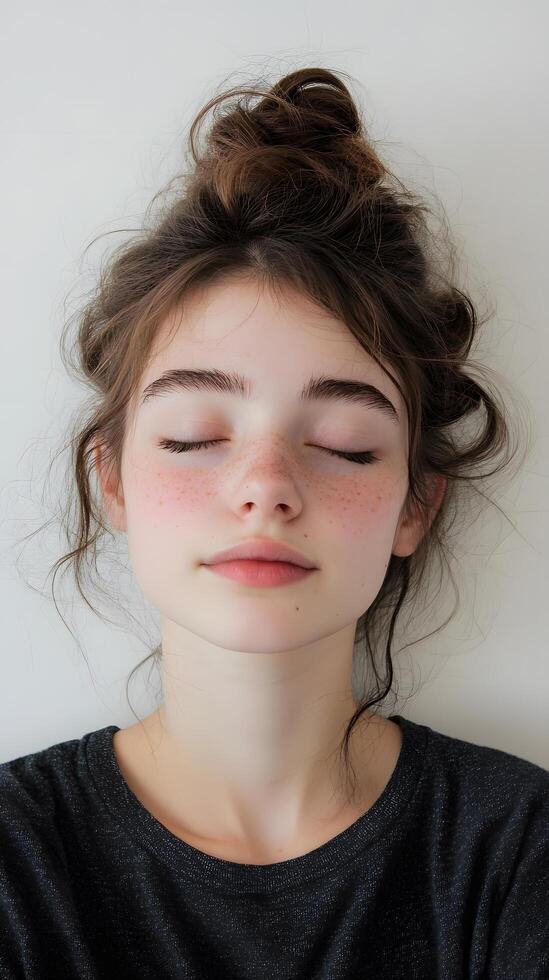 A young woman with her eyes closed and her hair pulled back photo