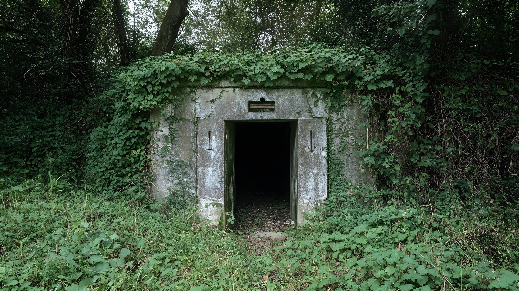 An old bunker in the woods with vines growing over it photo