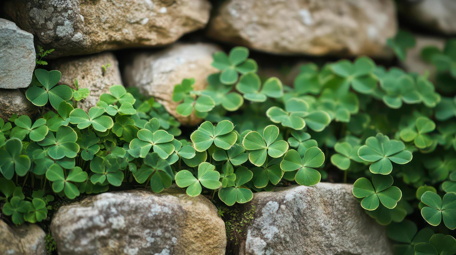 A close up of green leaves growing on a stone wall photo