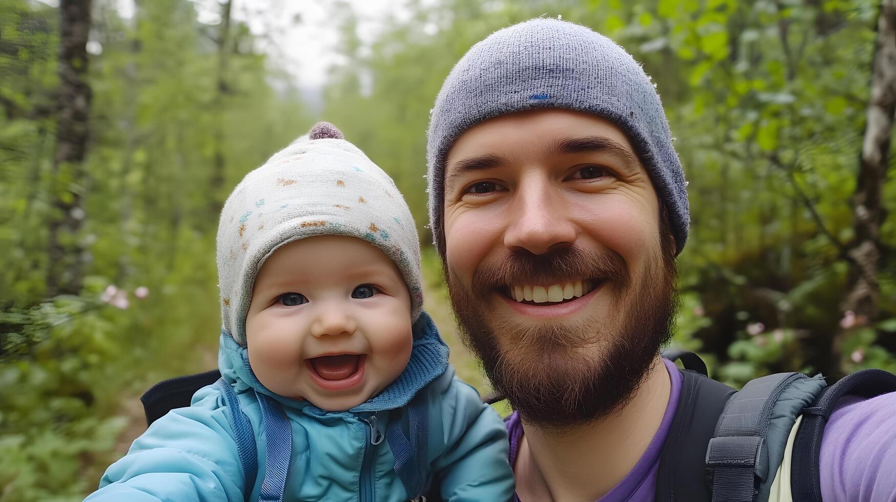 A man and a baby are taking a selfie in the woods photo