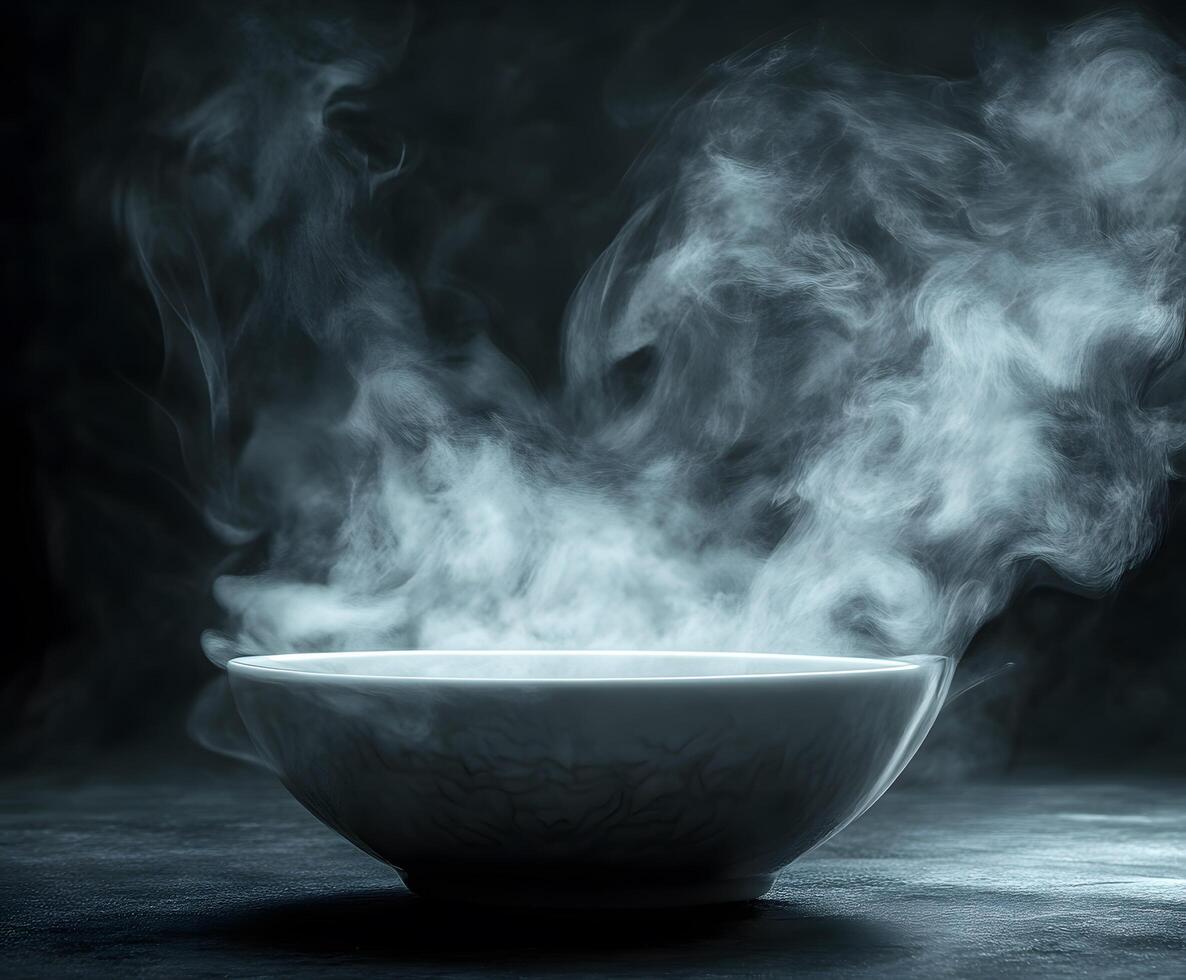 A bowl of steam is shown in the dark photo