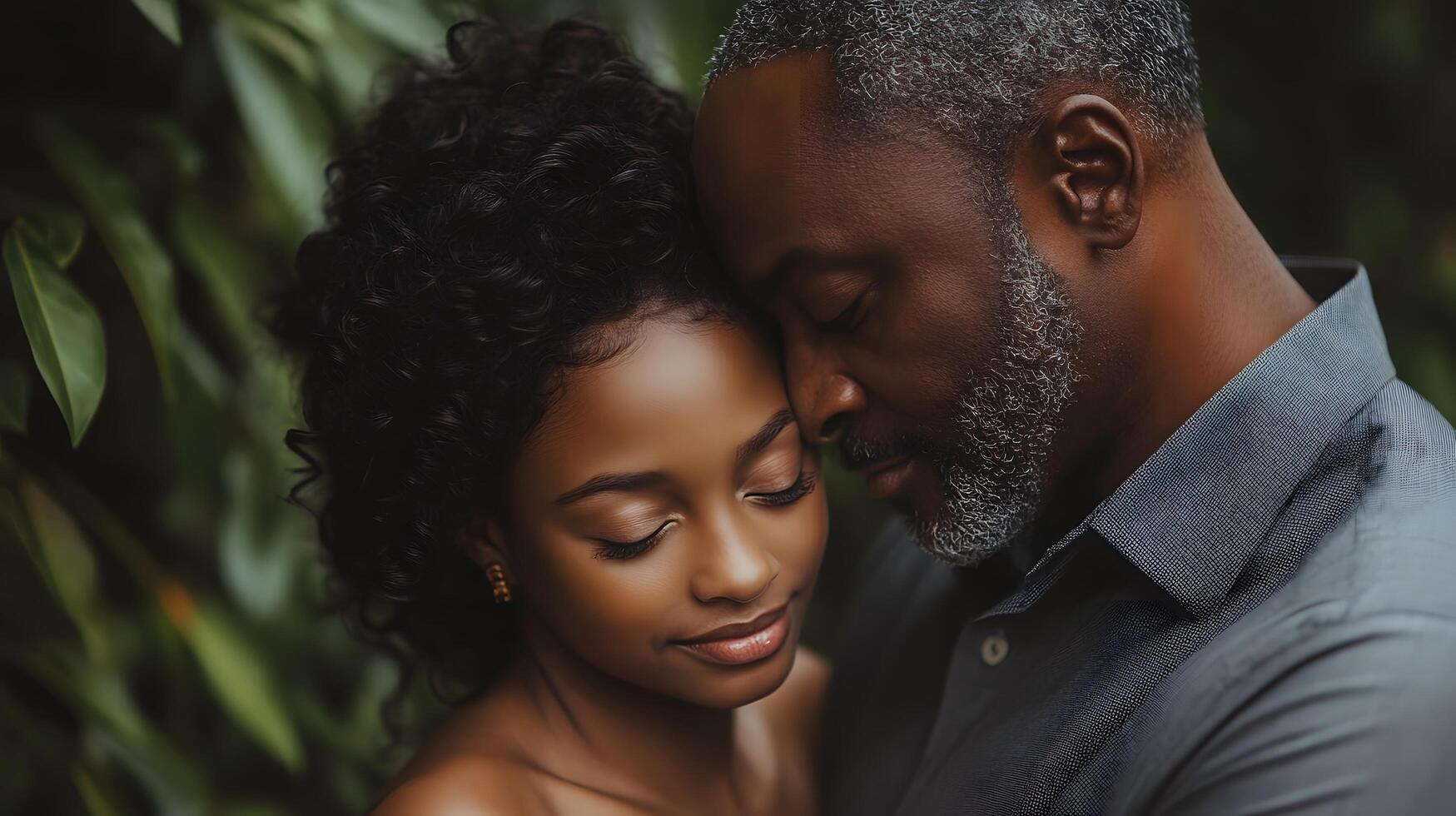 Black man and woman embracing in the woods photo