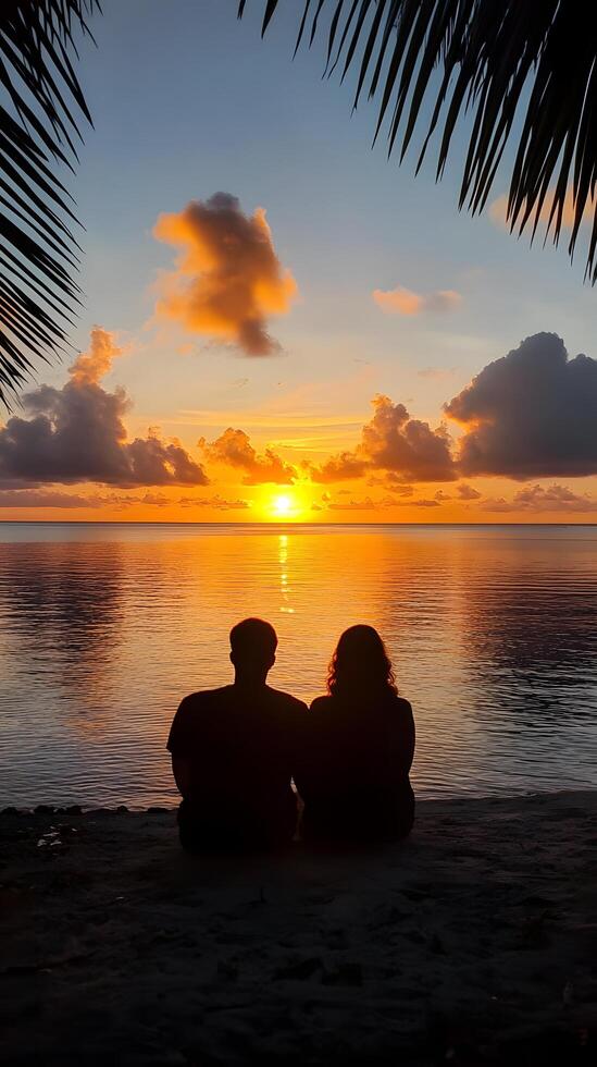 Couple sitting on the beach at sunset photo