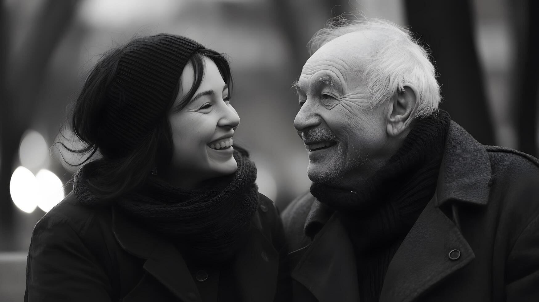 An older man and woman are smiling together photo