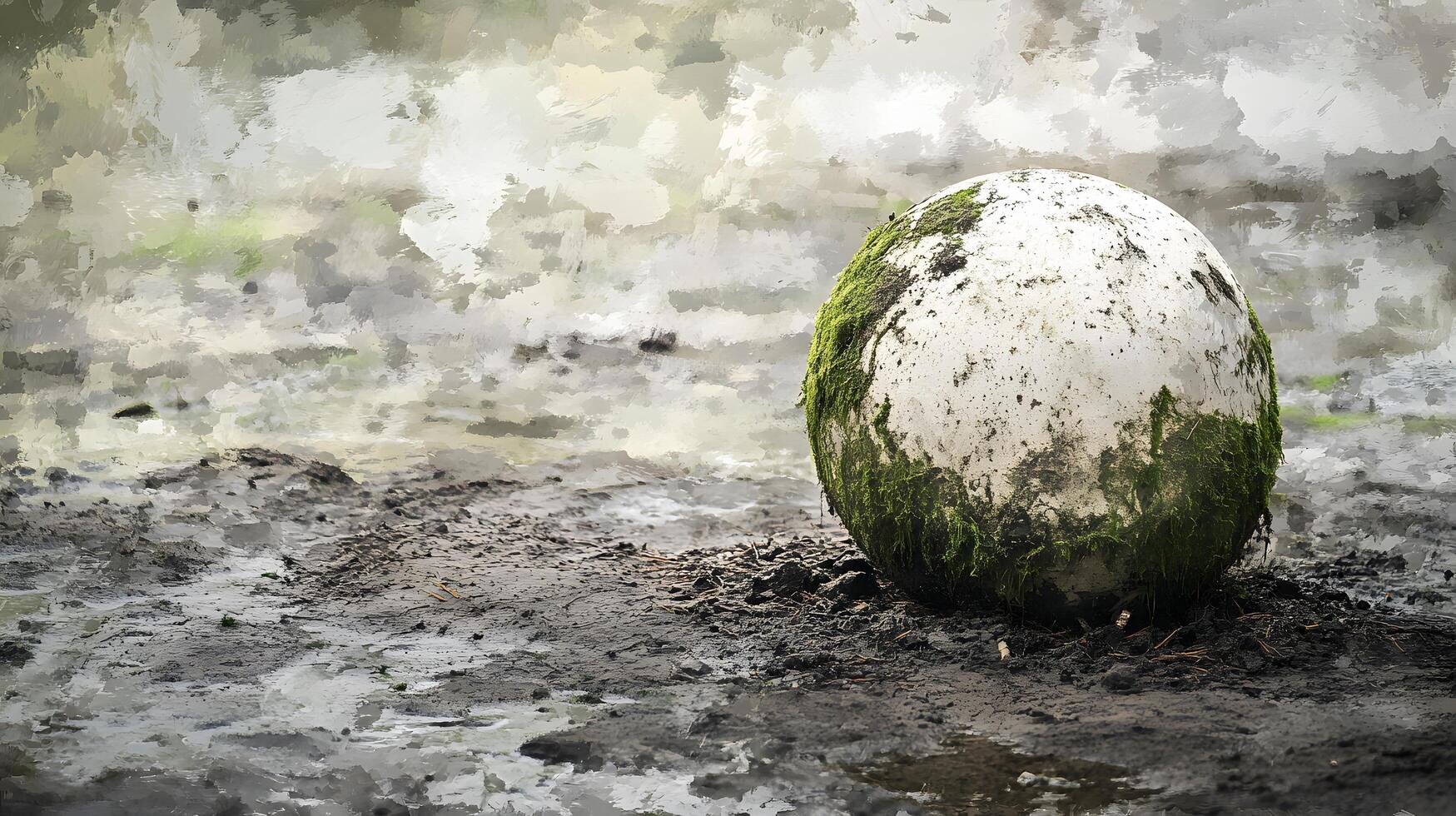 A white and green ball sitting in a muddy field photo