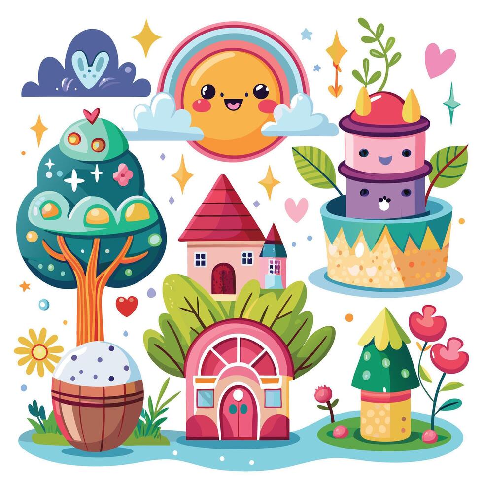 cute cartoon village with houses, trees, and other objects vector