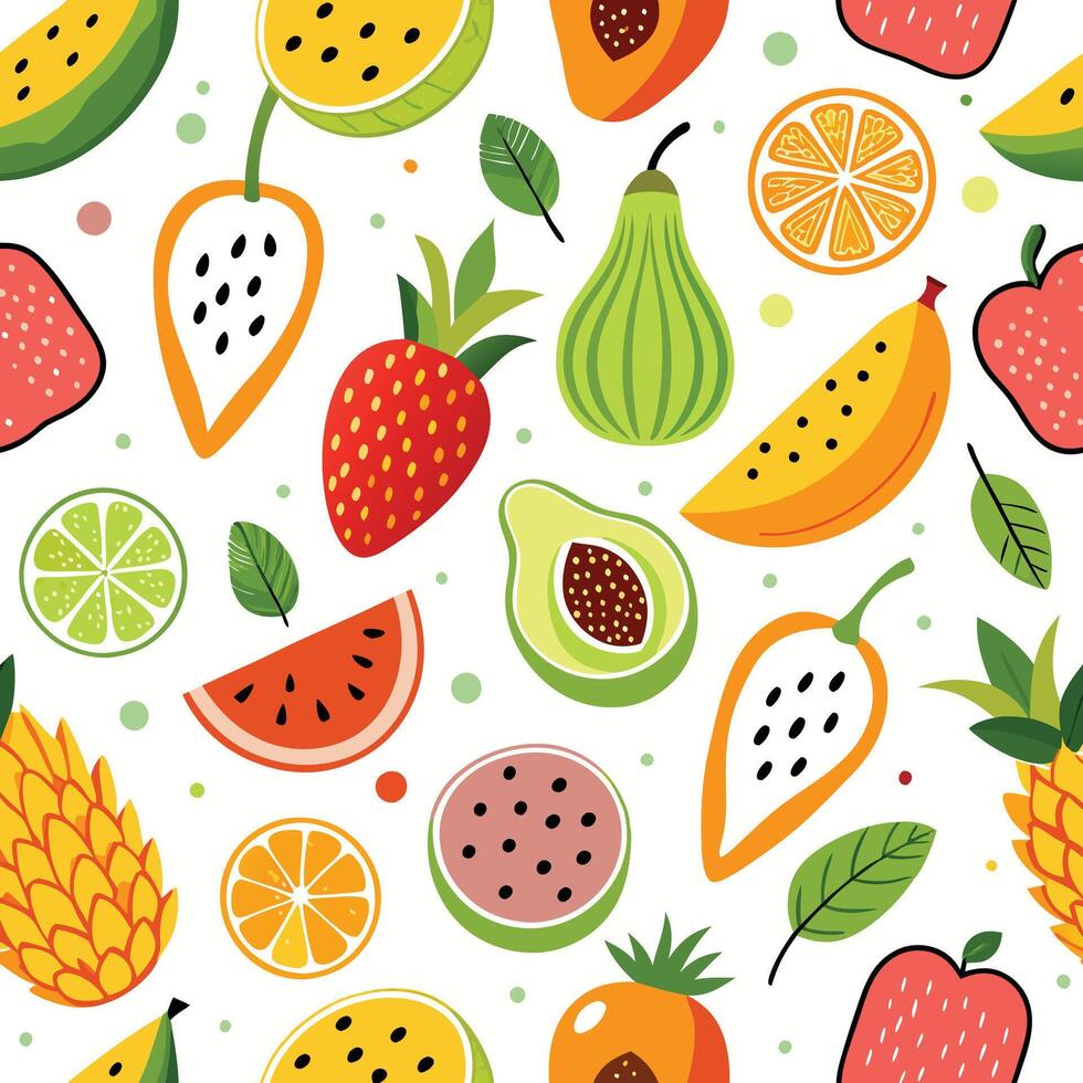 fruit seamless pattern with different fruits white background vector