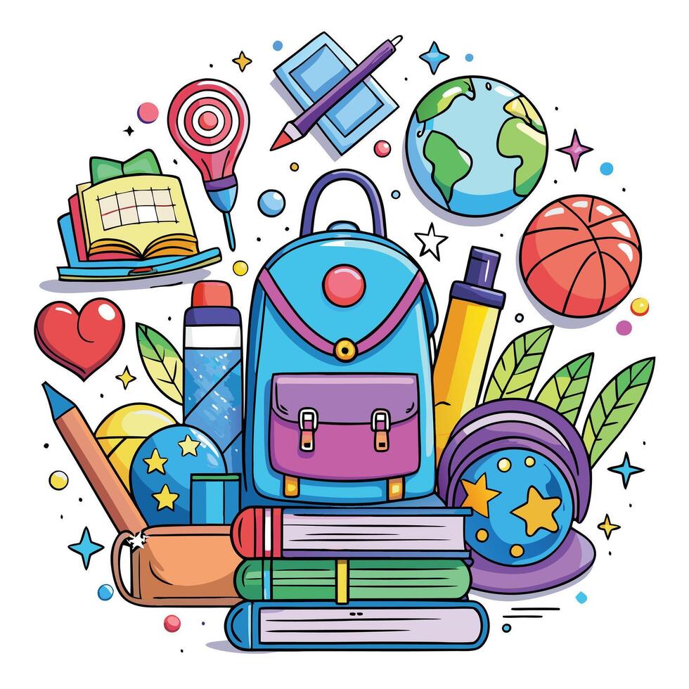 school supplies and backpacks with a globe and other items vector