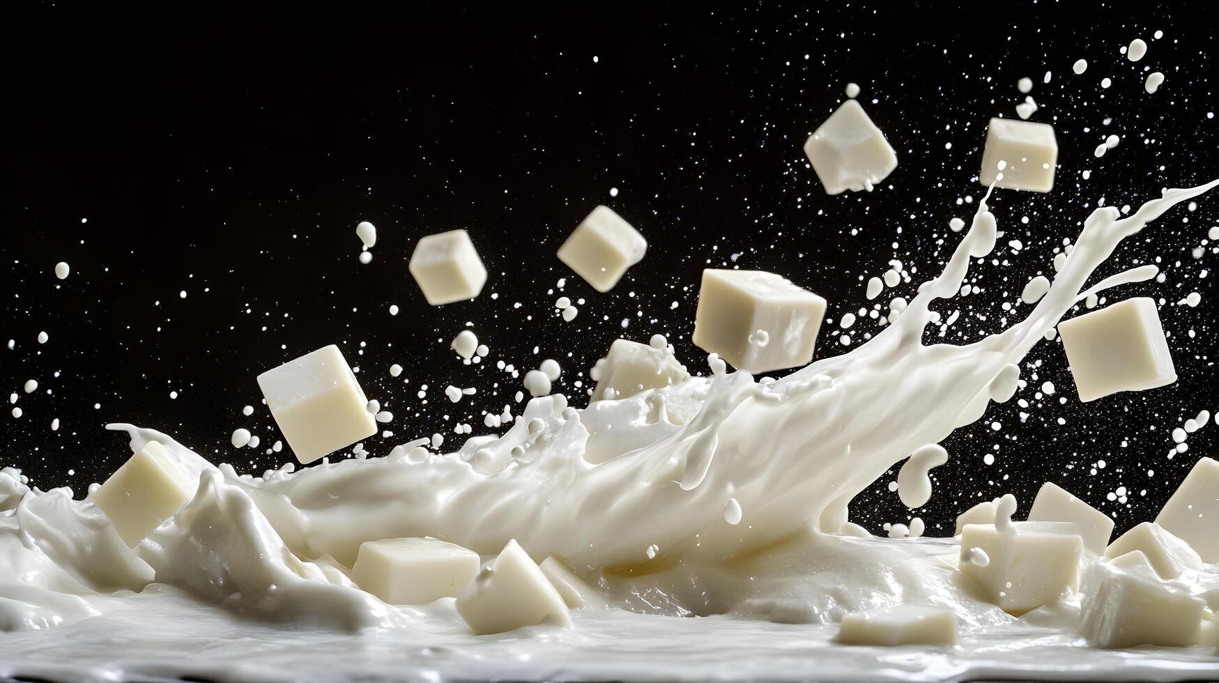 A splash of milk is shown with cubes of cheese photo