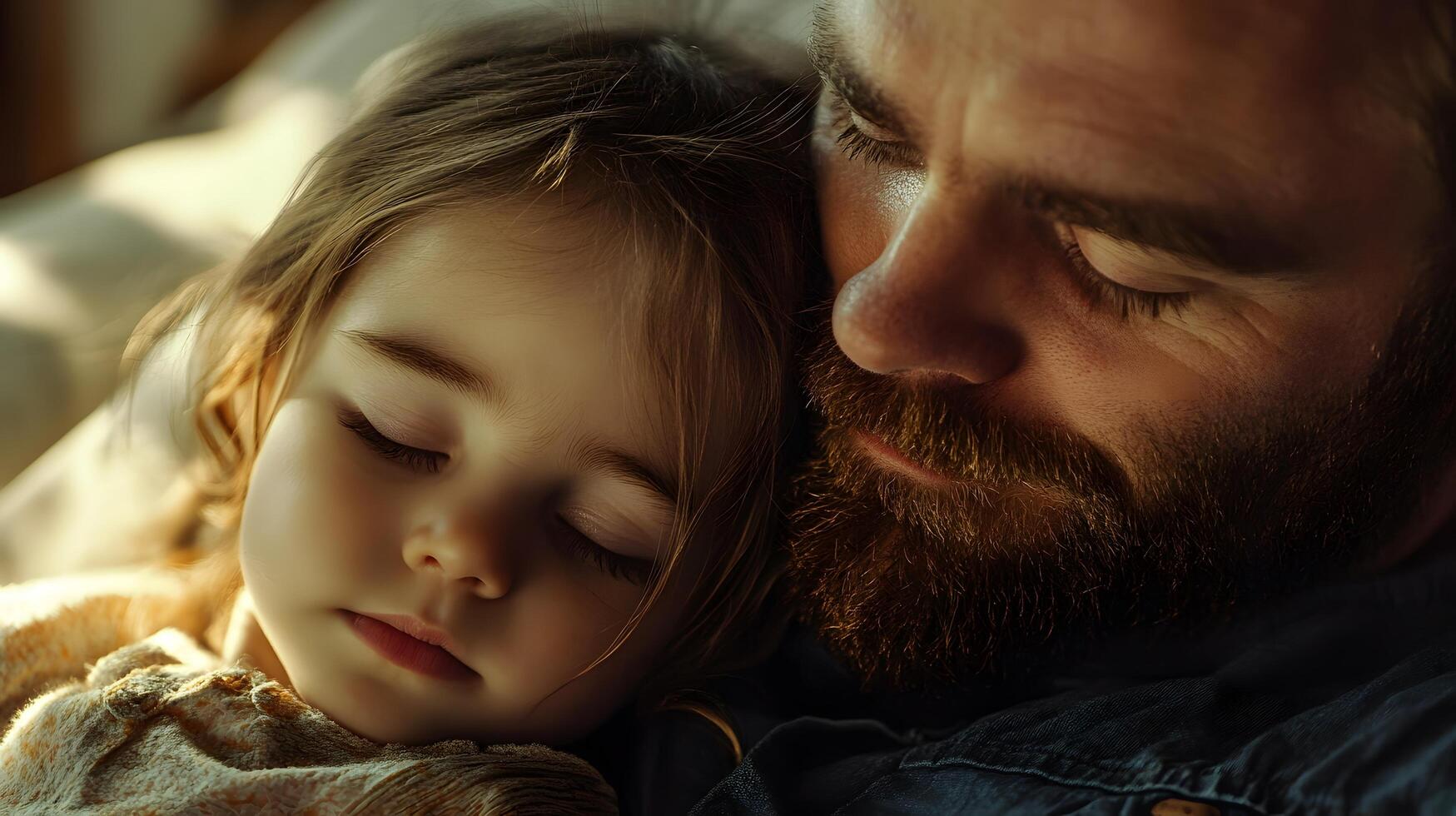A man and a little girl are sleeping together photo