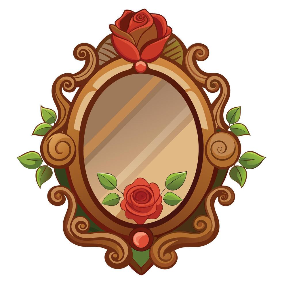 an ornate mirror with a rose on it vector
