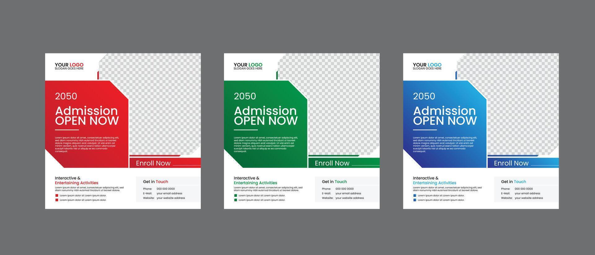 School admission open social media post design, back-to-school promotion square banner template, educational post kit vector