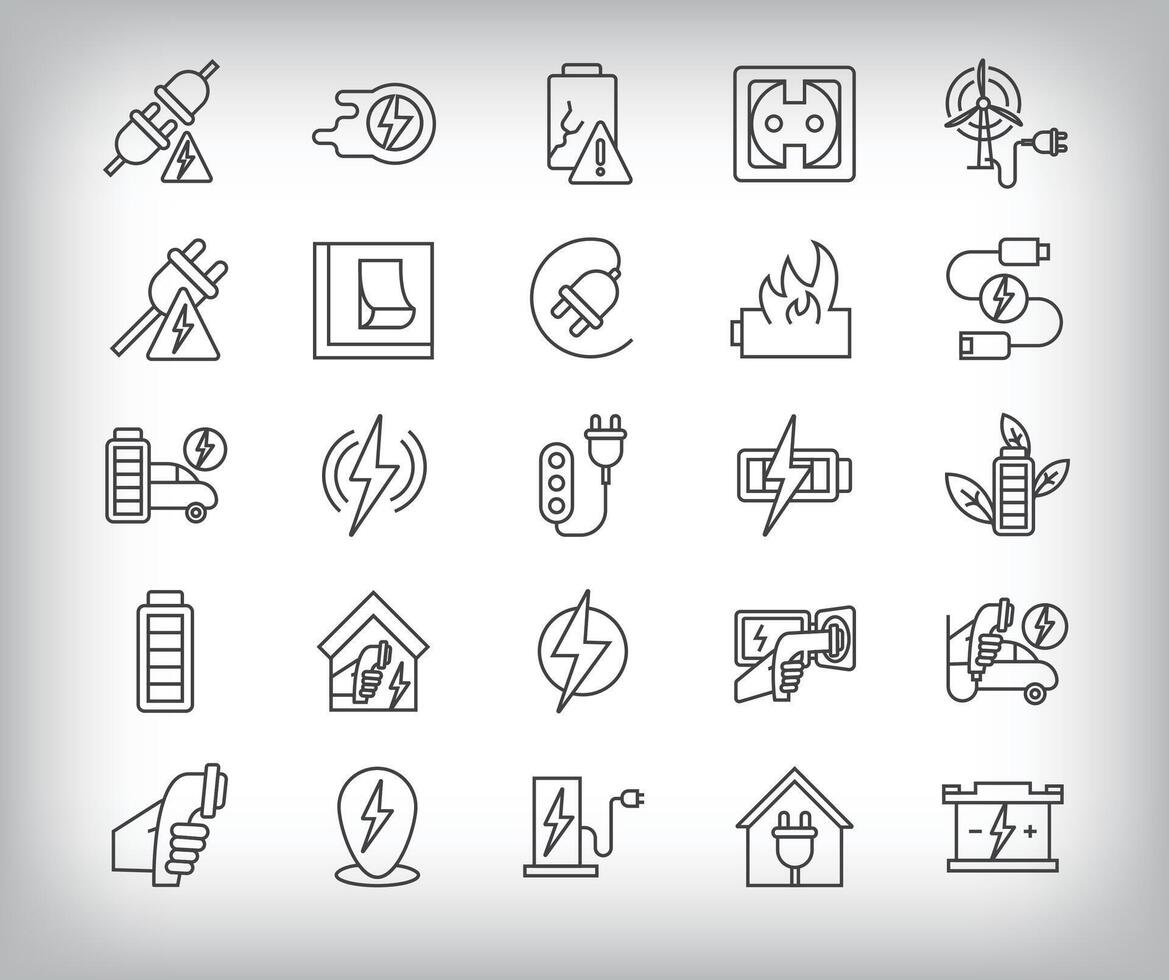 Battery, charging station, home charging, battery and electricity generation design. 25 linear filled energy and charging simple icon set. vector