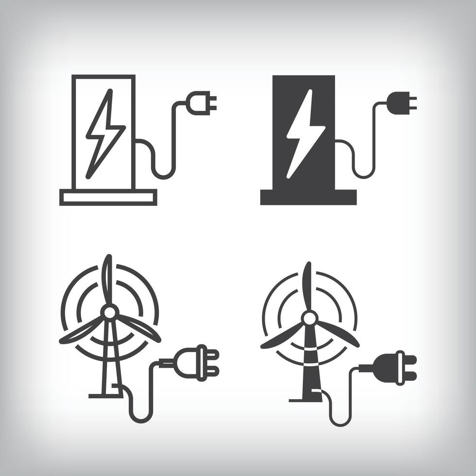 Charging station and mill energy production artistic design. Simple linear and flat electricity charging icon set. vector