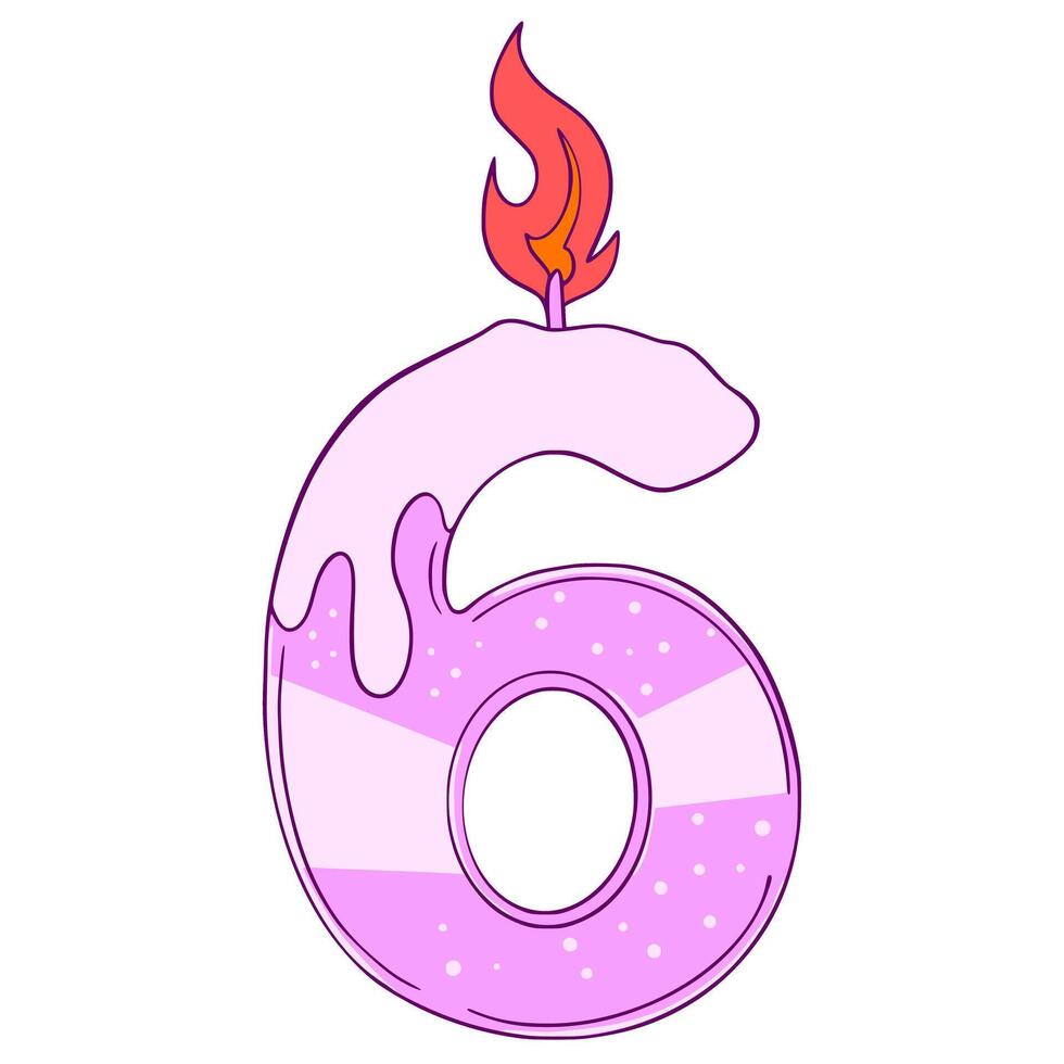 Number 6 Hbd. birthday candle number 6. A pink candle with a lit wick on top of a number 6 vector