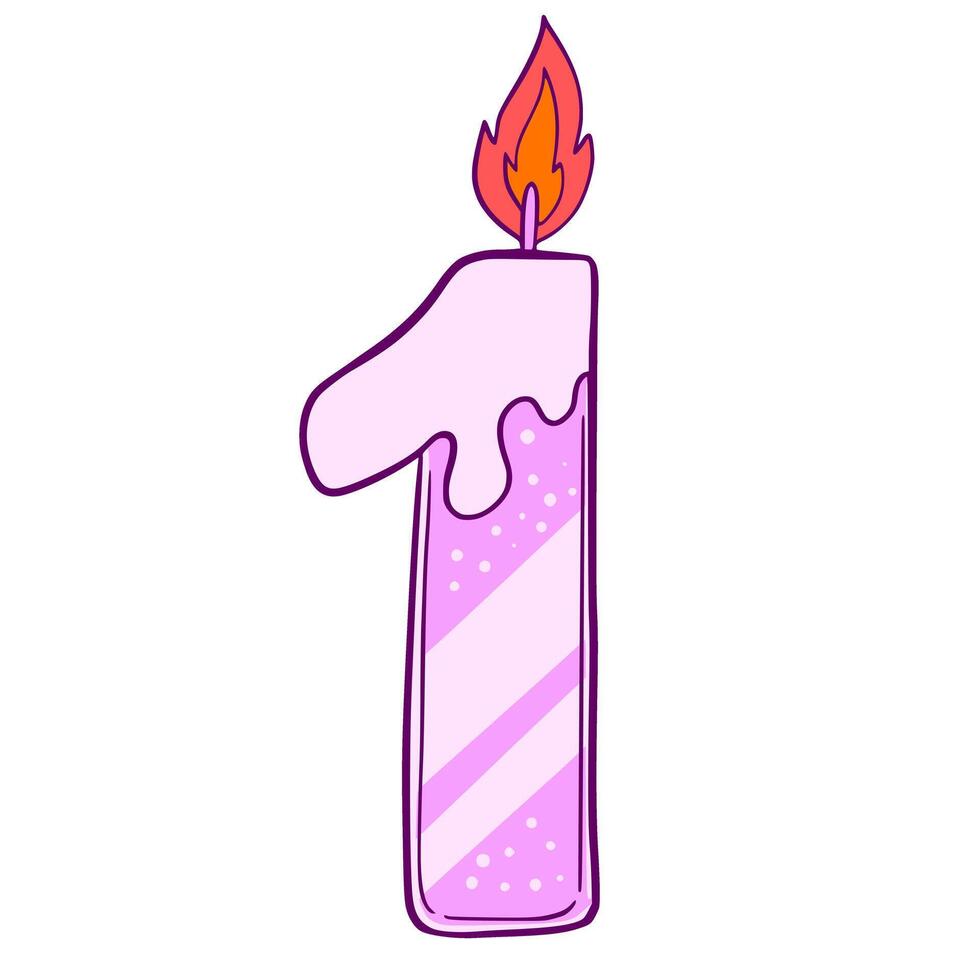 Number 1 Hbd. birthday candle number 1. A pink candle with a lit wick on top of a number 1 vector