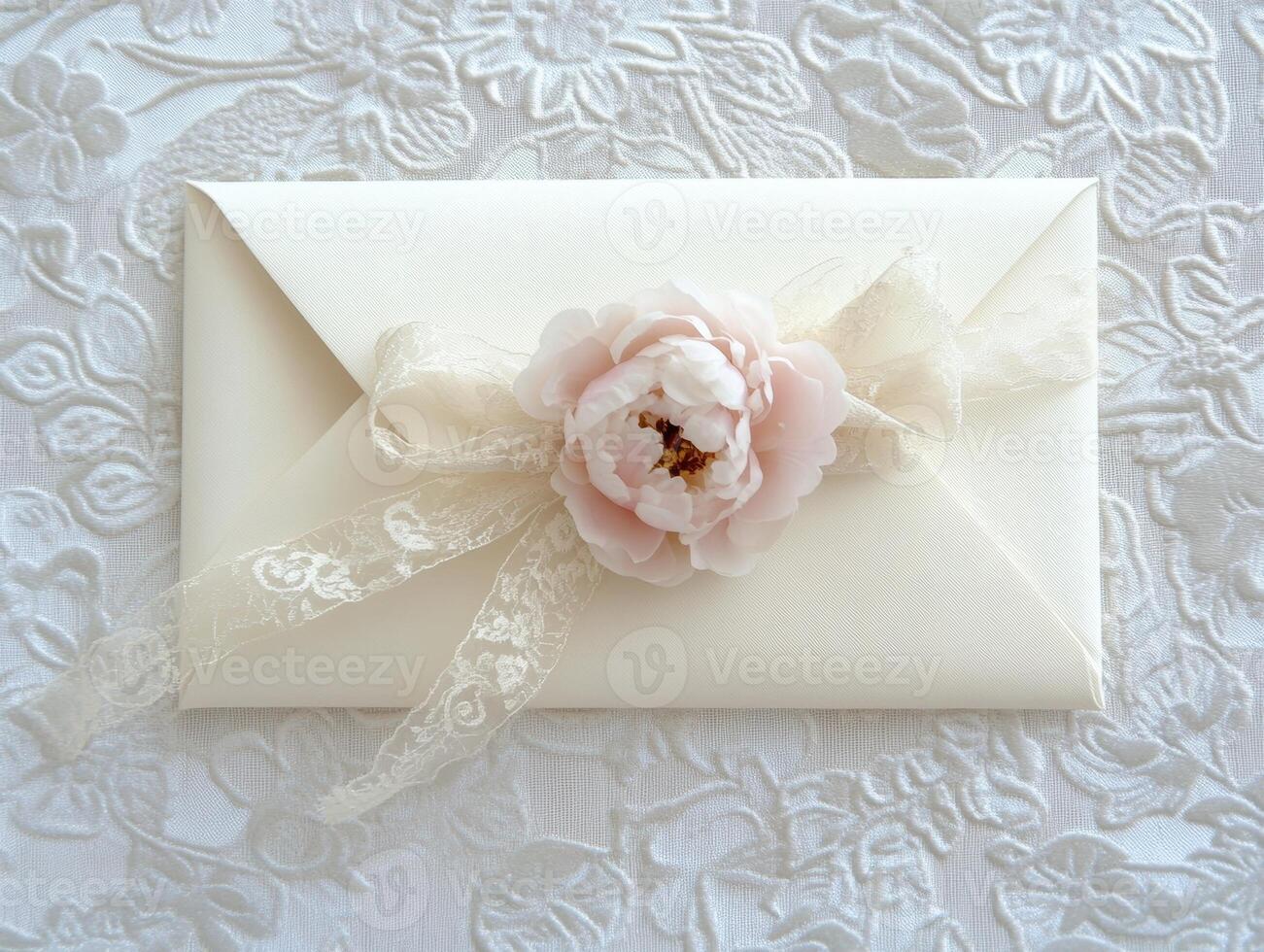 Elegant ivory envelope with silk ribbon and floral lace for special occasions photo