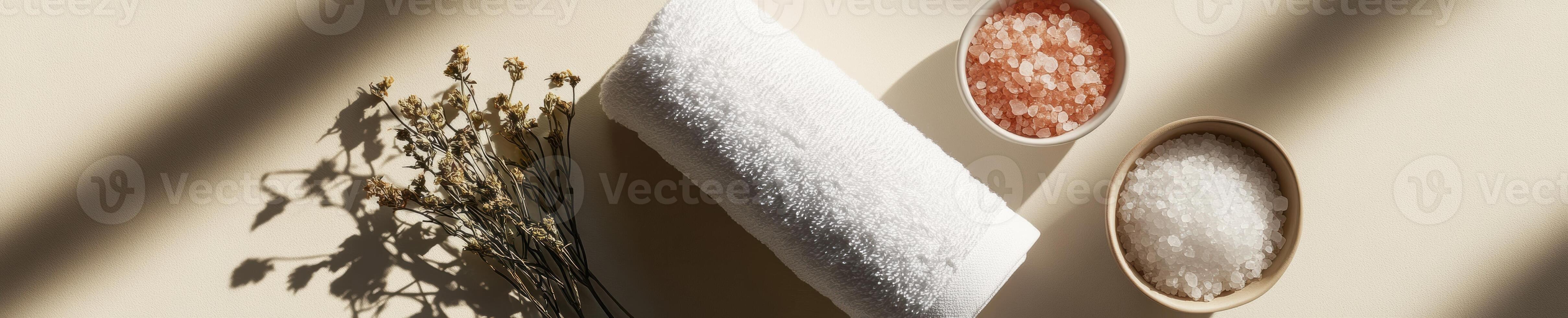 Spa essentials with rolled white towel, herbal compress, and bath salts in relaxing setting photo