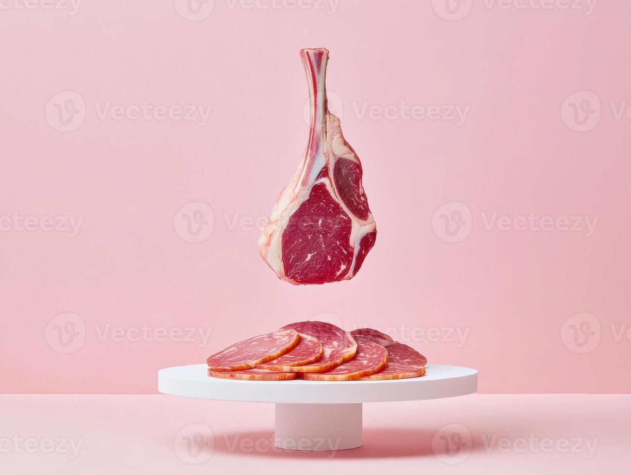 Minimalist display of raw tomahawk steak in studio setting for culinary arts photo