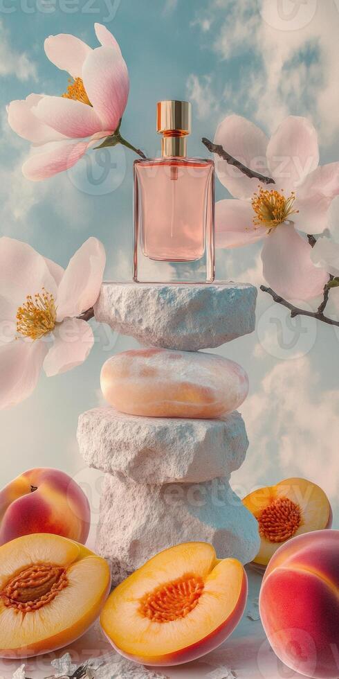 Luxurious fragrance concept with dusty rose and peach elements for elegant design photo