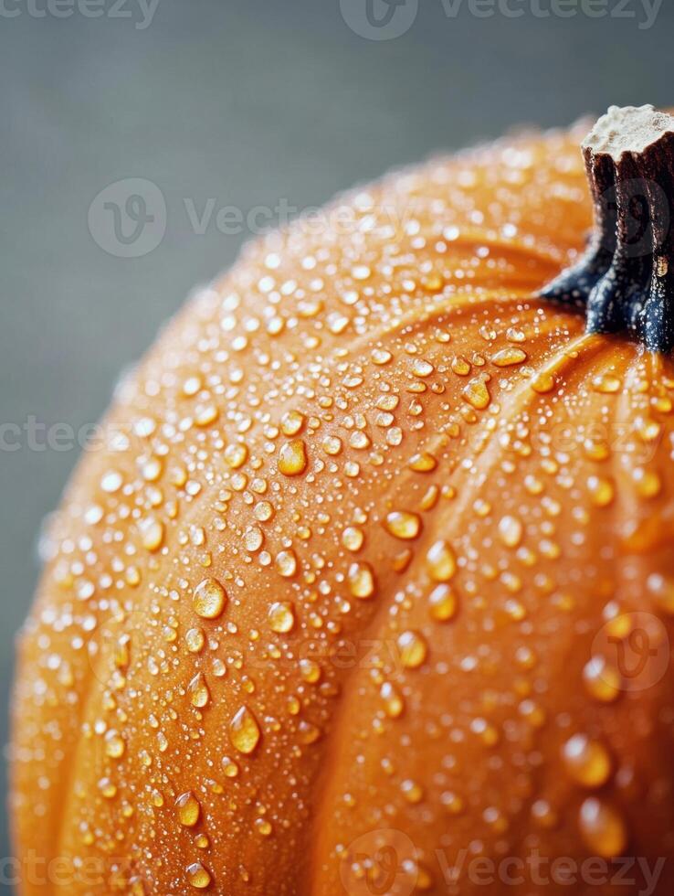 Ultra realistic close up of textured pumpkin skin with water droplet photo