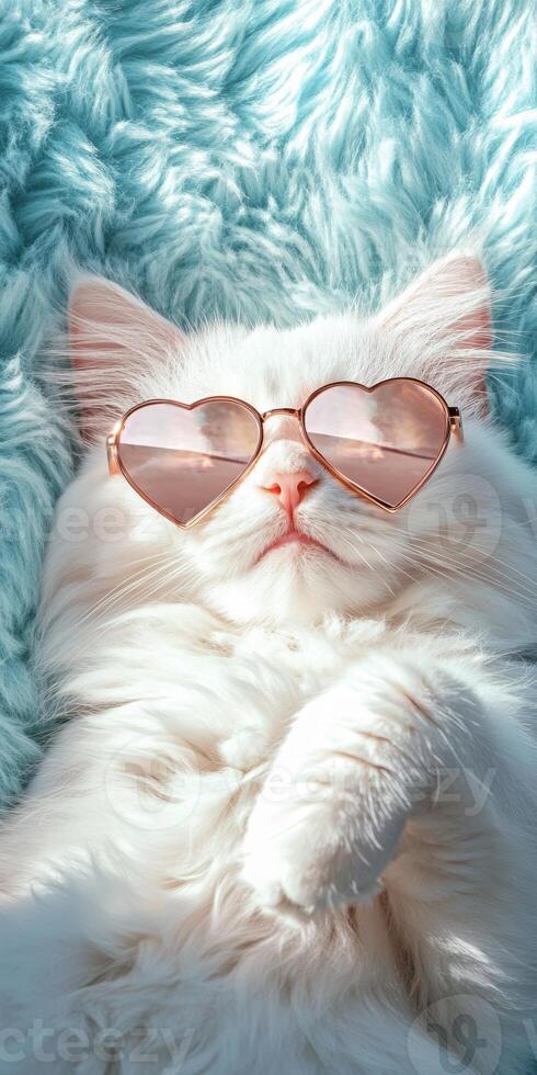 Relaxed fluffy white cat with heart sunglasses on soft blue blanket photo