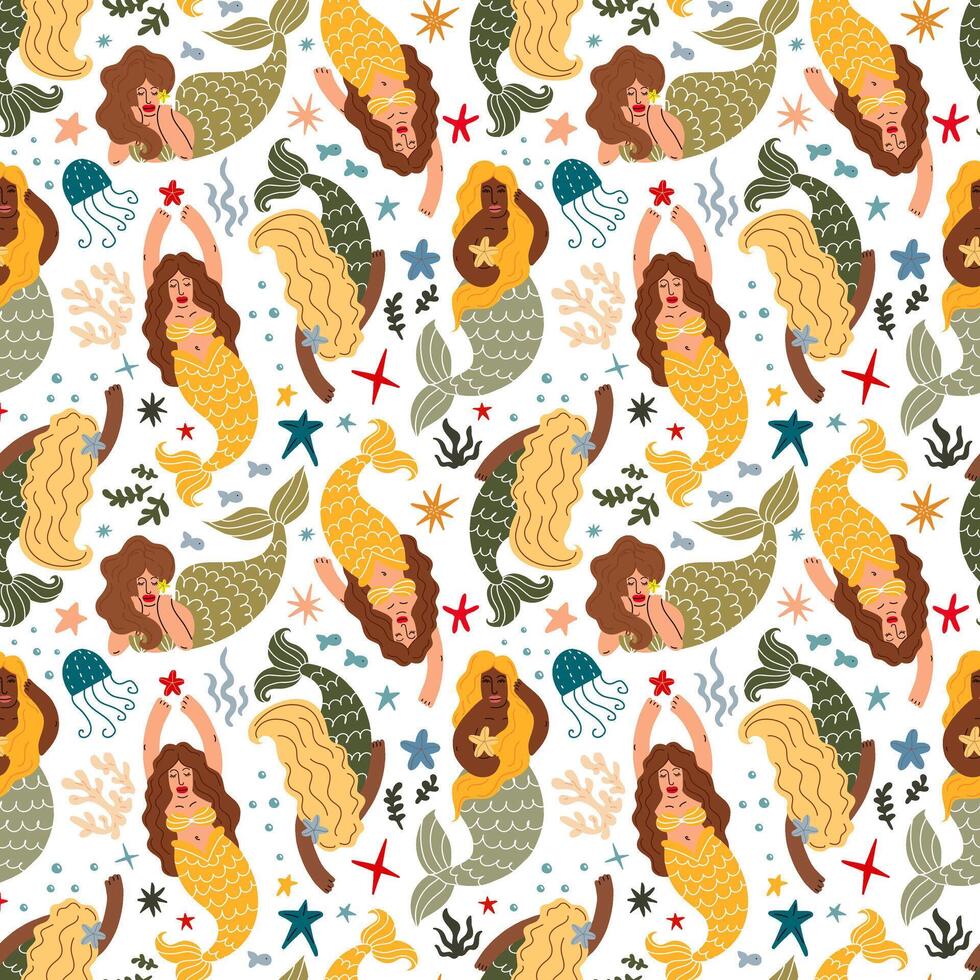 pattern with mermaids and marine life vector