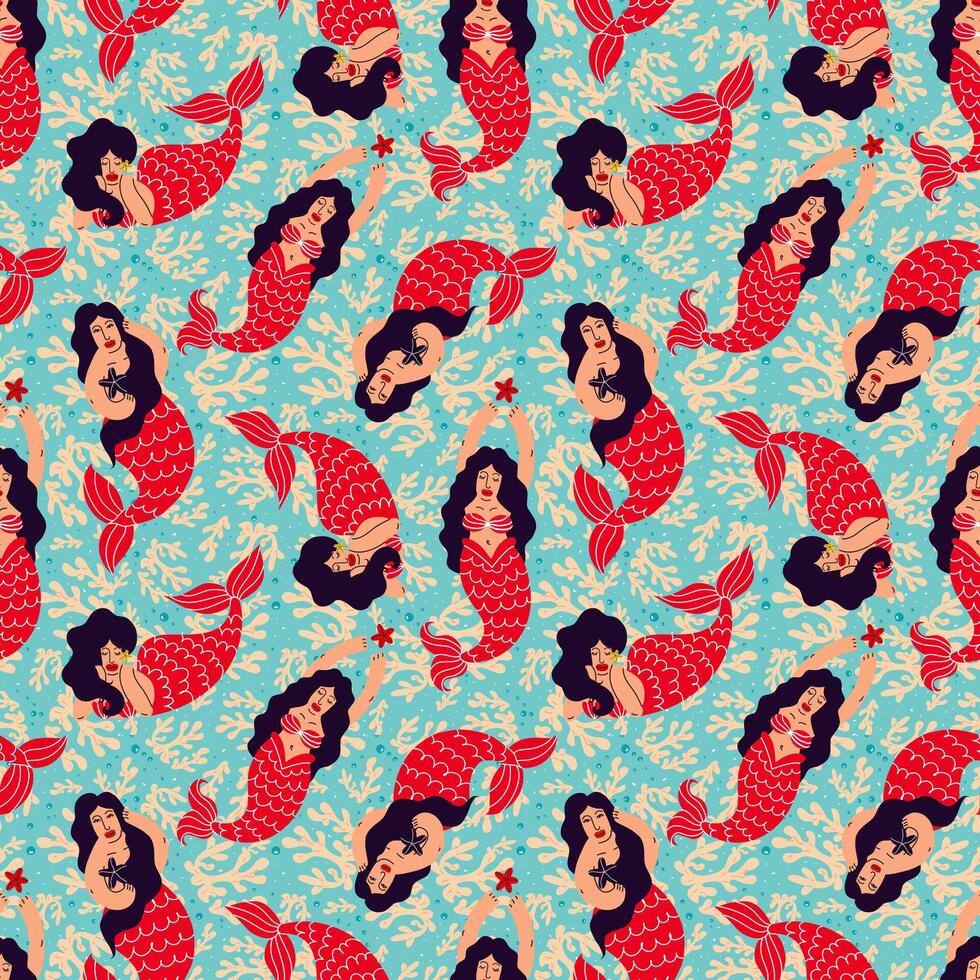 Seamless pattern with mermaids and corals on a blue background vector
