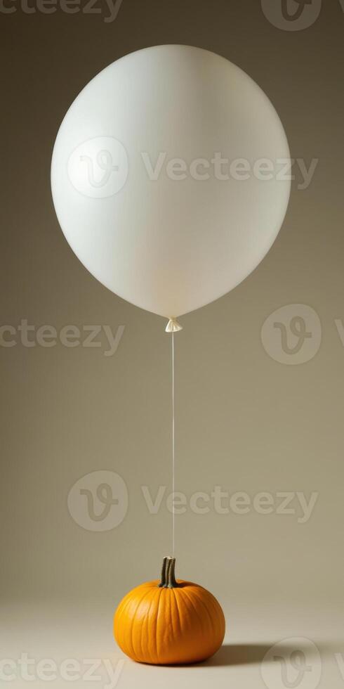 Minimalist matte white balloon floating above pumpkin with autumn theme photo