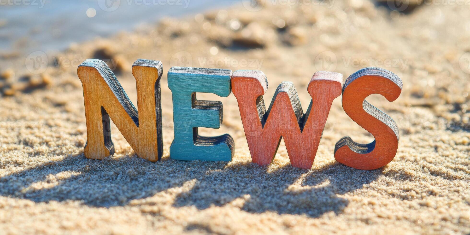 Summer beach scene with painted wooden letters spelling NEWS for creative design and print use photo