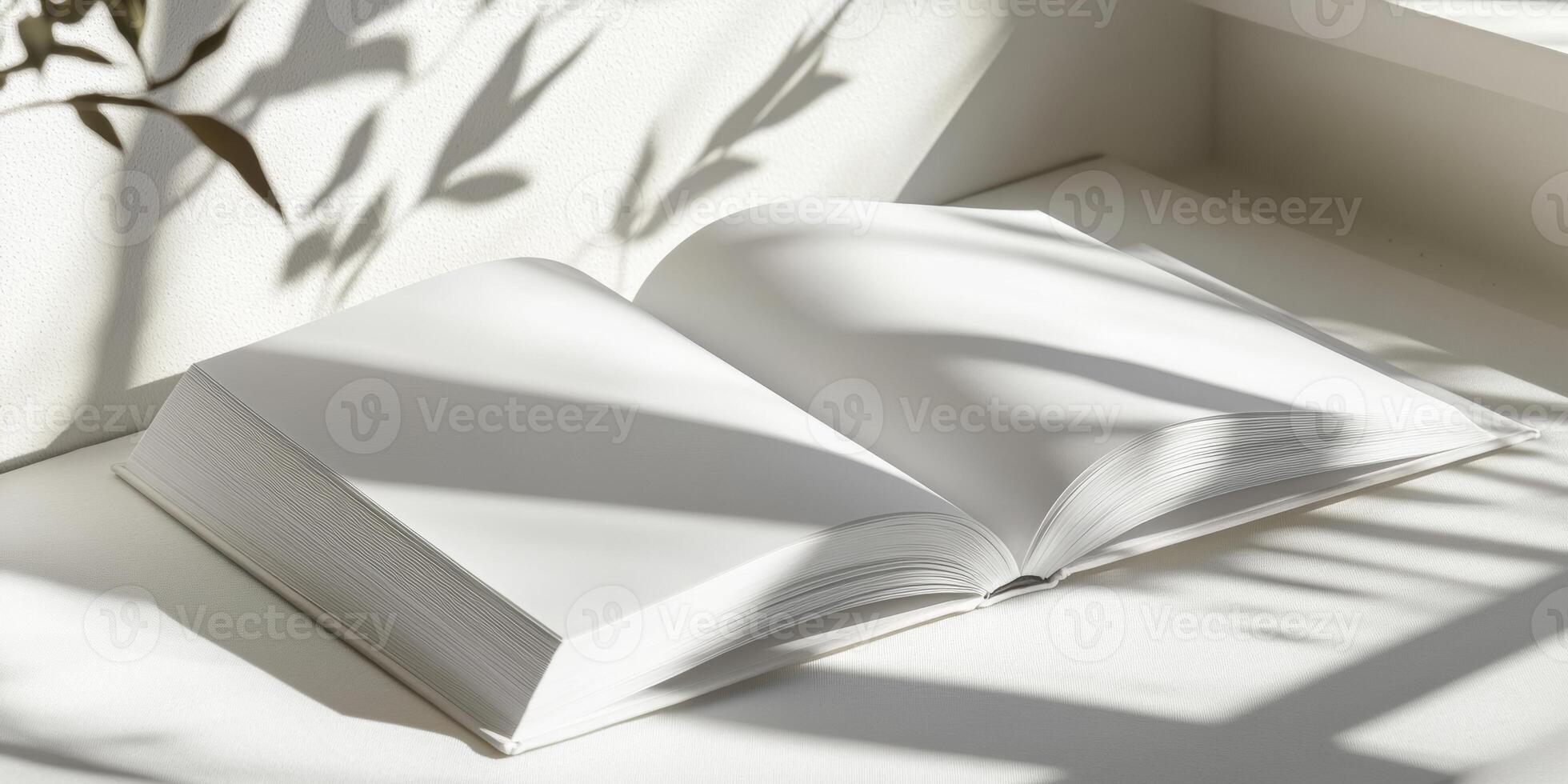 Minimalist open white book with blank pages and artistic shadows for design concepts photo