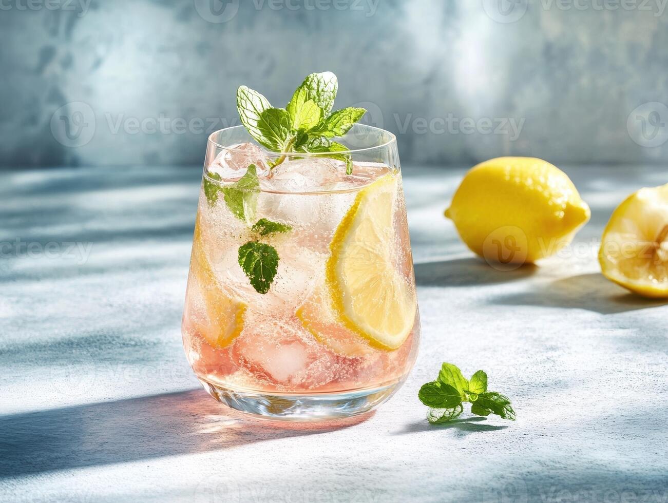 Refreshing lemon and mint infused drink in elegant glass on sunny table photo
