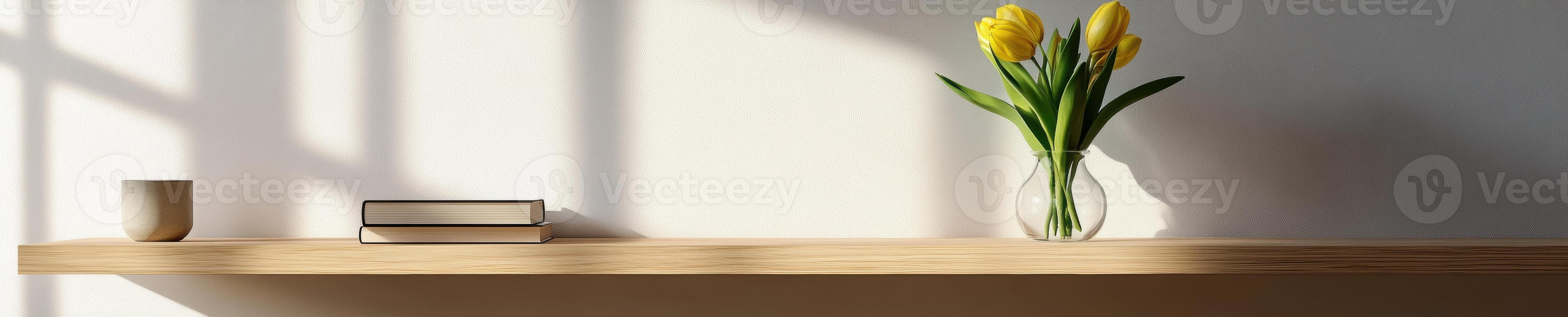 Minimalist indoor scene with glass vase and flowers on wooden shelf photo